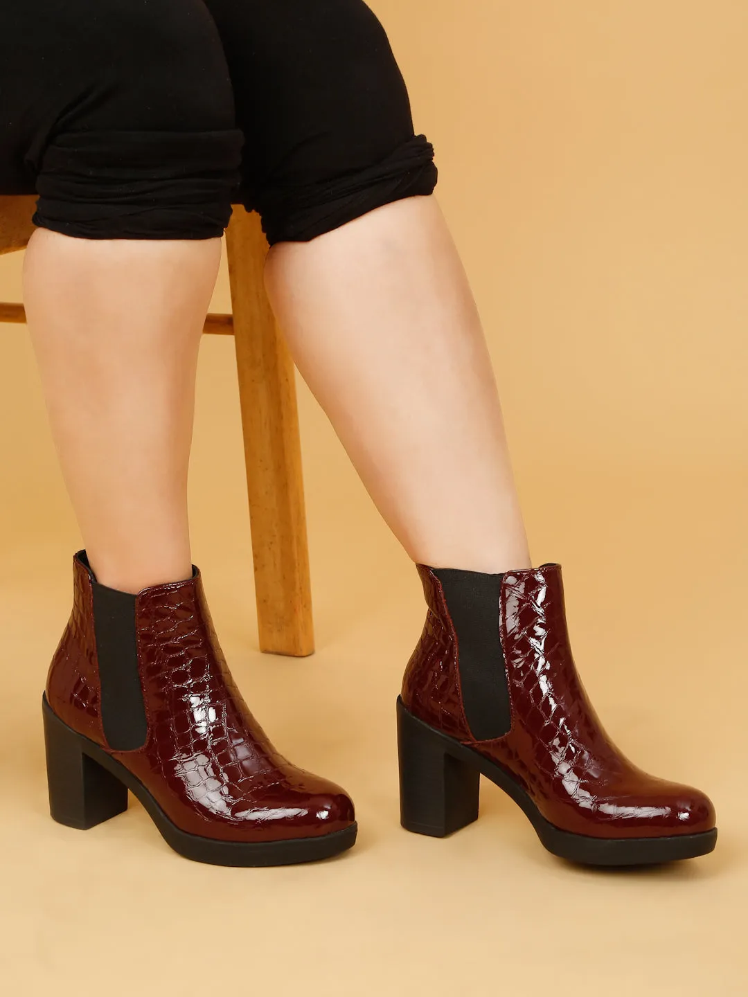 Women's Cherry Croco Texture Lether Mid - Ankle High Heeled Boots