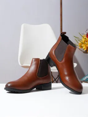 Women's Tan Solid Leather Slip-On Blocked Heel Boots