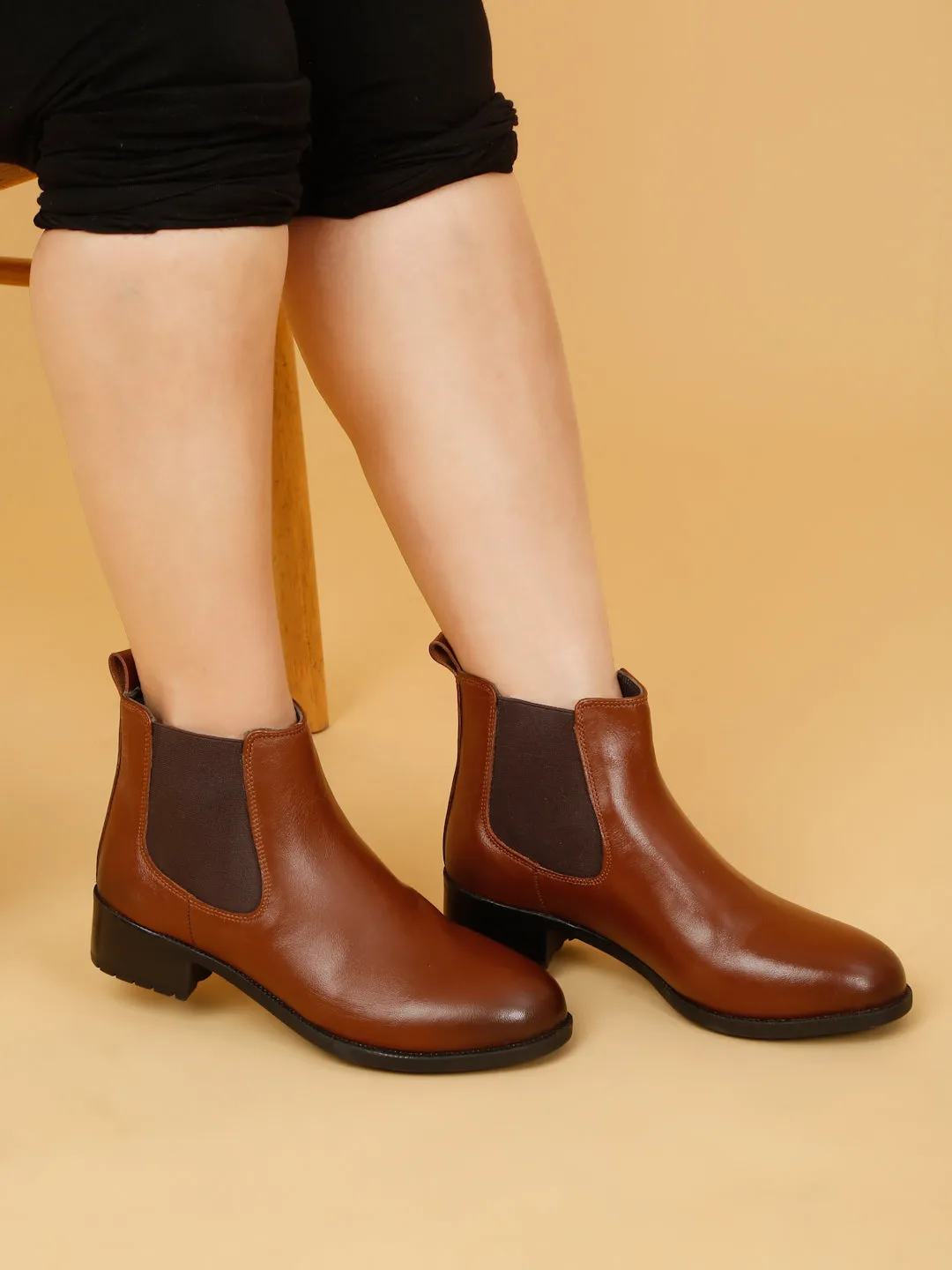 Women's Tan Solid Leather Slip-On Blocked Heel Boots