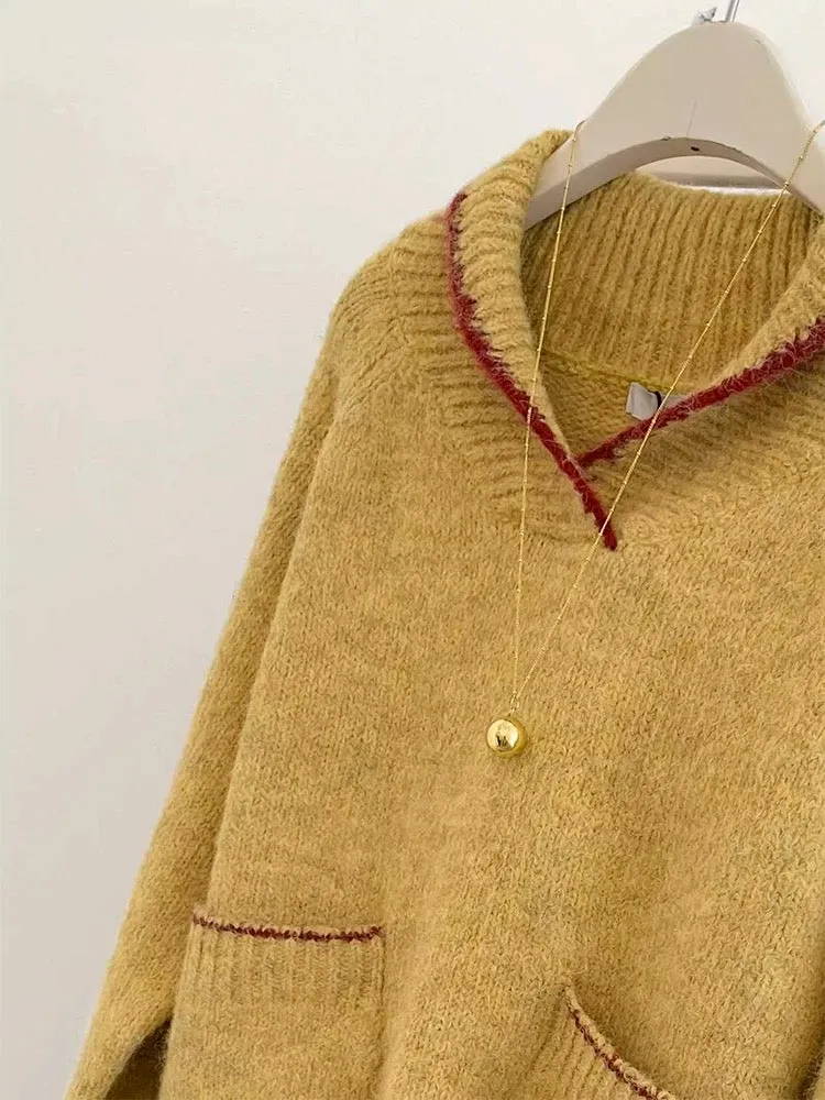 Yellow lapel pullover sweater for women in autumn and winter, outer wear and inner wear 2024 new popular style lazy style knitte