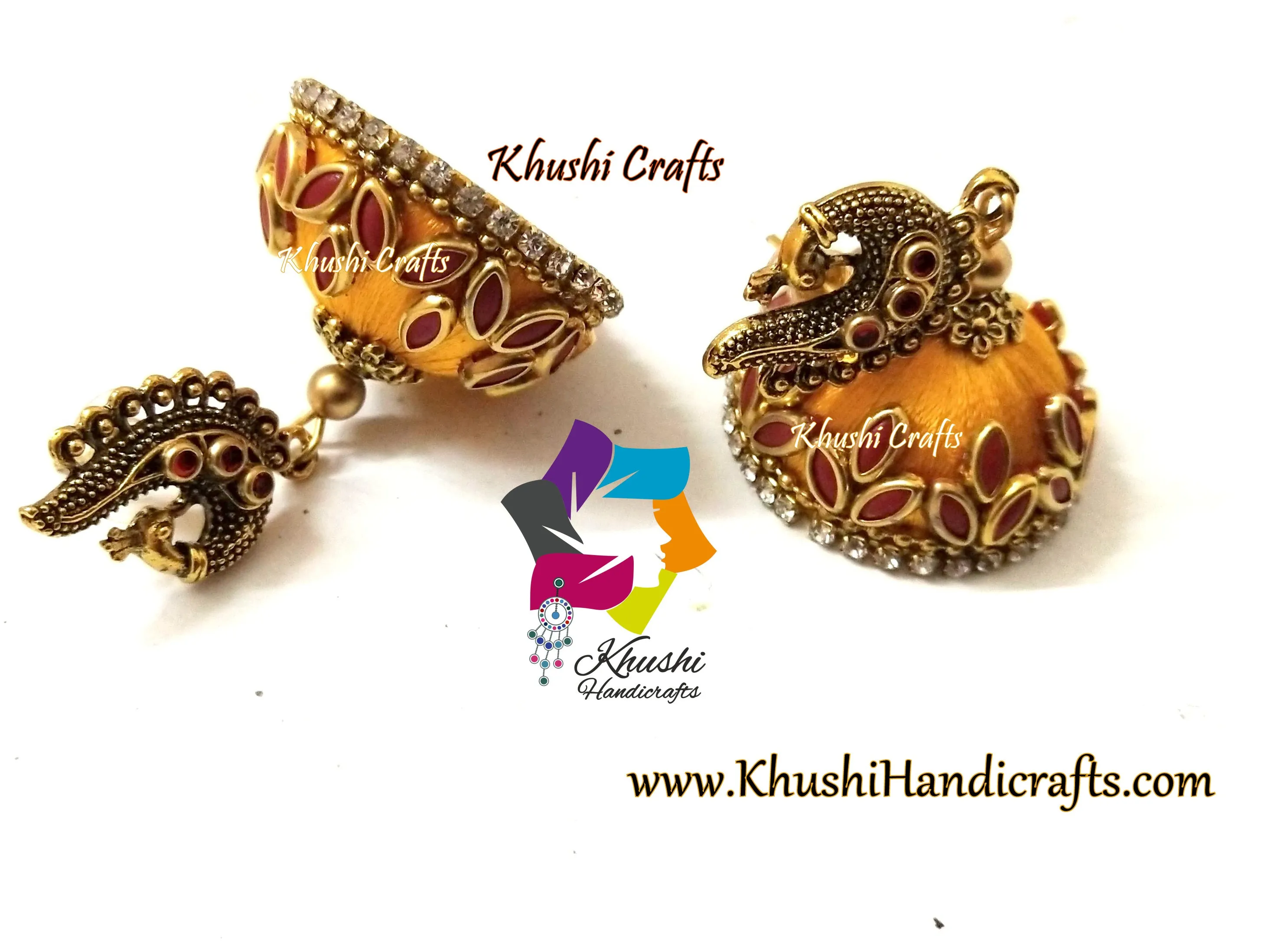 Yellow Red Peacock Kundan stone Silk thread jhumkas !