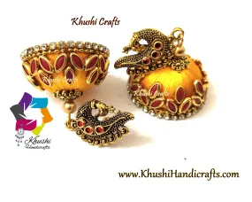 Yellow Red Peacock Kundan stone Silk thread jhumkas !