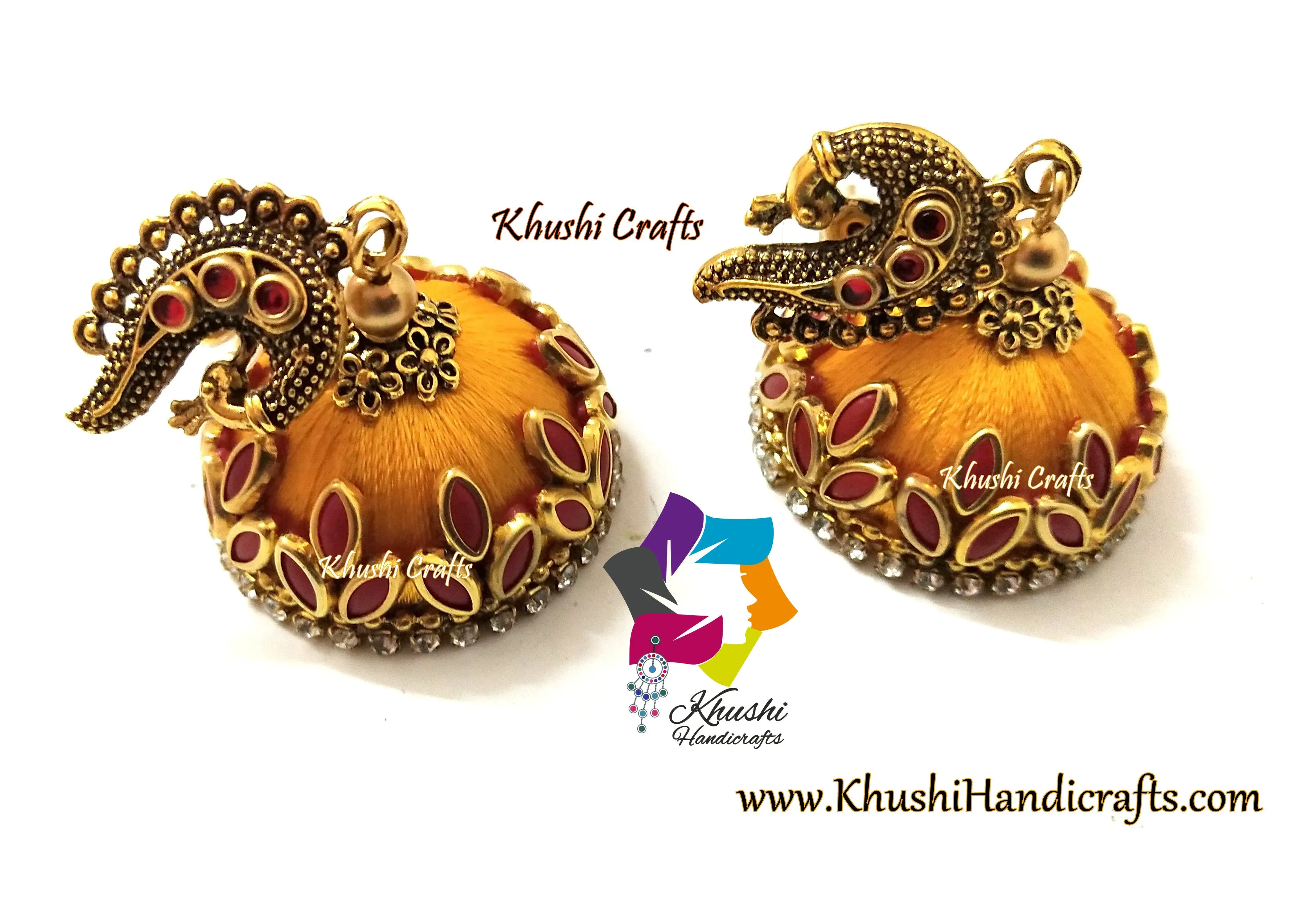 Yellow Red Peacock Kundan stone Silk thread jhumkas !