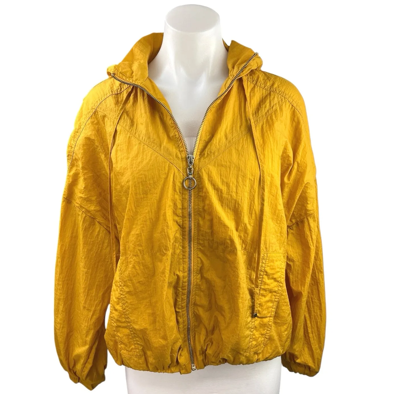 Zara Yellow Zip Up High Neck Pockets Hooded Hoodie Windbreaker Anorak Jacket M