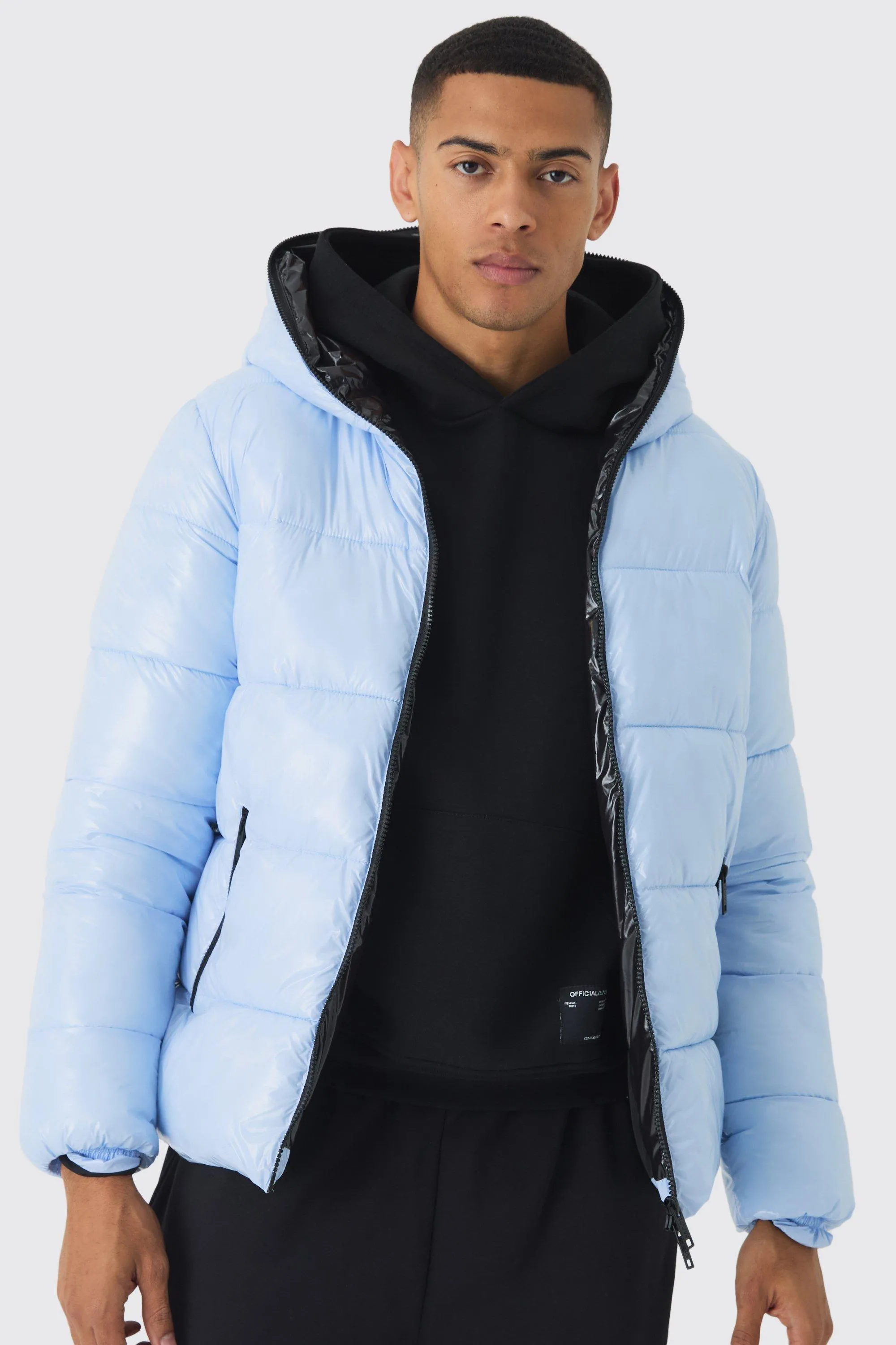 Zip Hood Vinyl Hi Shine Puffer Jacket In Light Blue